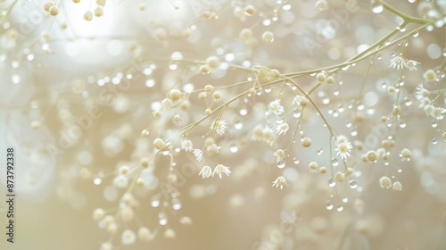 Close-up of wet chamomile branch, soft white-yellow blur background, rain drops, calming and delicate composition.