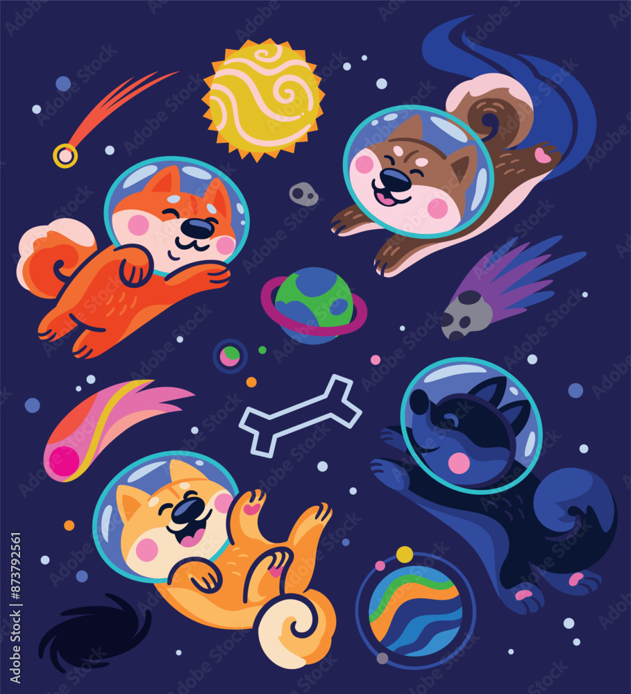 Fototapeta premium Cute cartoon huskies astronauts in the space