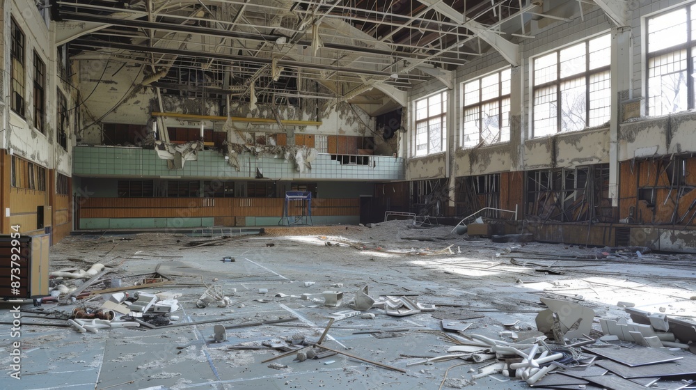 Decaying Legacy: Abandoned School Gymnasium with Collapsed Roof and Eerie Atmosphere Decaying Legacy: Abandoned School Gymnasium with Collapsed Roof and Eerie Atmosphere
