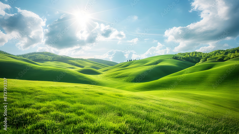 Obraz premium Breathtaking Panoramic Vista of Rolling Green Hills and Bright Sunny Sky