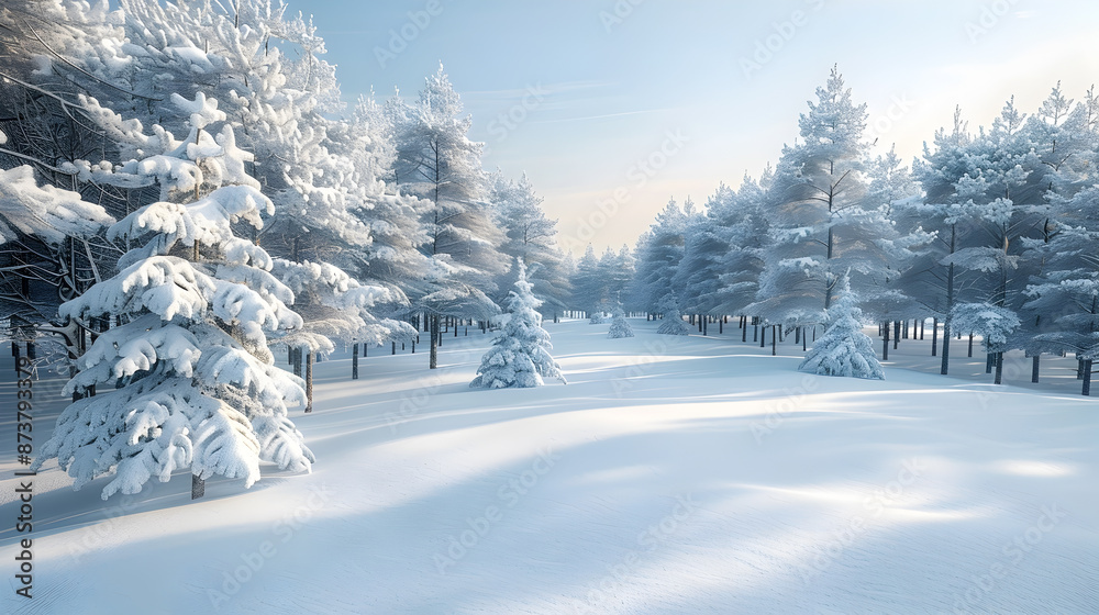 Obraz premium Enchanting Winter Wonderland:Snow-Covered Pine Forest with Serene Snowy Landscape