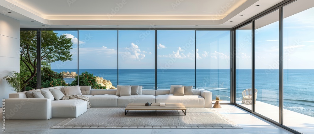 Fototapeta premium Stylish Minimalist Beachfront Living Room with Floor-to-Ceiling Windows and Ocean View 
