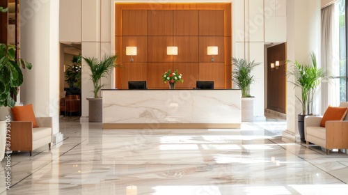 Hotel lobby with a focus on guest experience, elegant desk, friendly staff ready to handle bookings, information, and support services