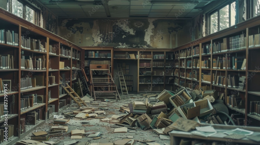 Abandoned School Library: Forgotten Books, Eerie Atmosphere of Dusty Shelves Abandoned School Library: Forgotten Books, Eerie Atmosphere of Dusty Shelves