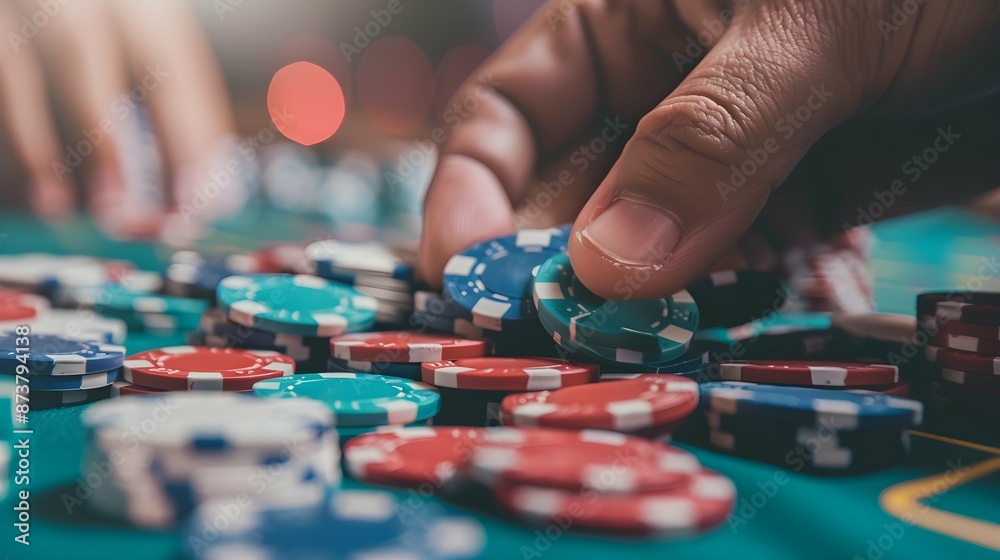 man's hand holding poker chips, casino table background man's hand holding poker chips, casino table background