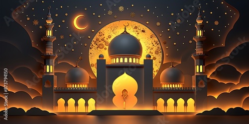 Ornate Mosque Under Starry Night Sky With Crescent Moon photo