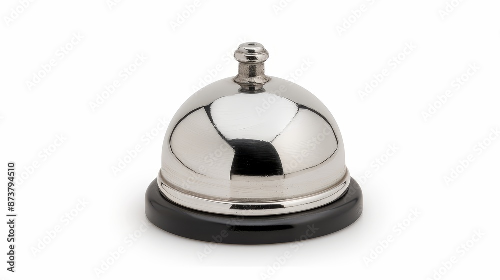 Shiny silver service bell, close-up view, isolated on white, emphasizing reflections and surface details Shiny silver service bell, close-up view, isolated on white, emphasizing reflections and surface details