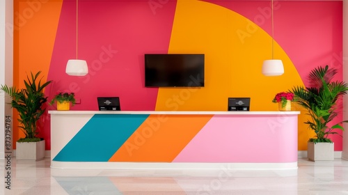 Vibrant city hotel reception area with a colorful mural, digital information screens, and a smiling receptionist. Guests receiving keycards, lively decor
