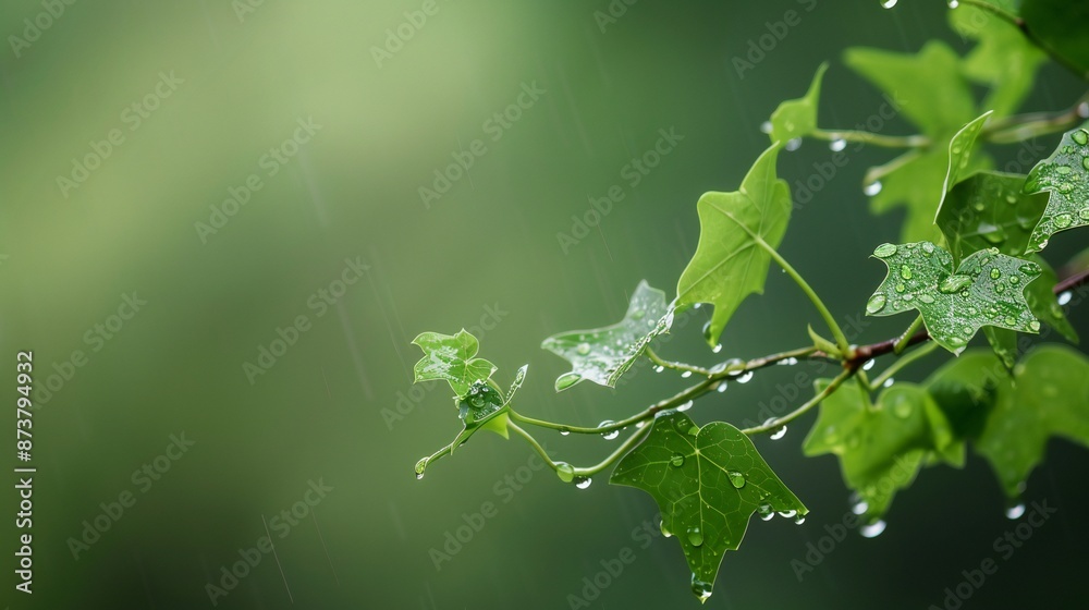 Close-up of wet ivy branch, soft emerald green blur background, rain drops, rich and vibrant composition. Close-up of wet ivy branch, soft emerald green blur background, rain drops, rich and vibrant composition.