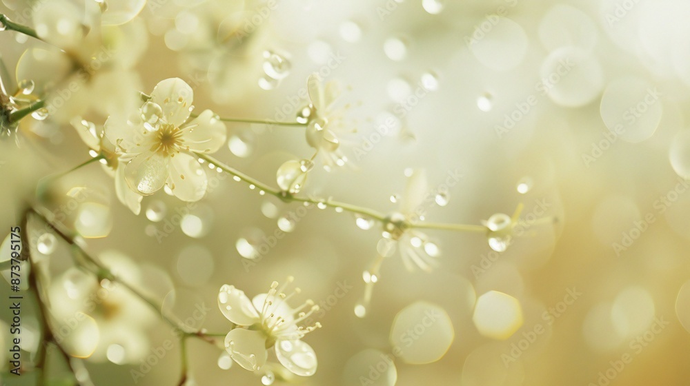 Fototapeta premium Close-up of wet jasmine branch, soft white-yellow blur background, rain drops, fragrant and soothing composition.