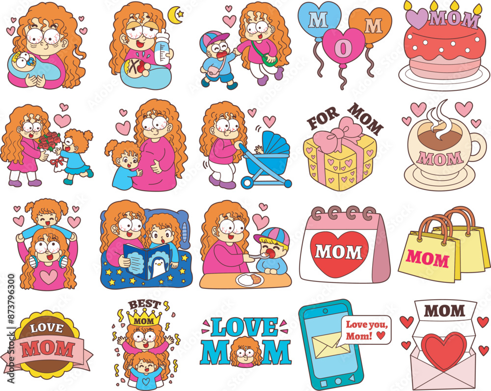 Obraz premium Happy Mothers Day character cartoon mom and daughter. Mom and son illustration with heartwarming design.
