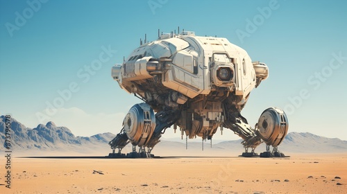 Fototapeta Naklejka Na Ścianę i Meble -  Futuristic mecha spaceship has landed in the remote desert landscape
