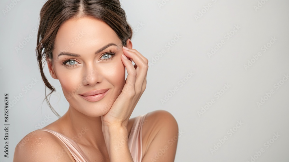 Gorgeous youthful female with pristine complexion gently caressing her visage. Female facial care. Aesthetics, attractiveness and relaxation. Gorgeous youthful female with pristine complexion gently caressing her visage. Female facial care. Aesthetics, attractiveness and relaxation.