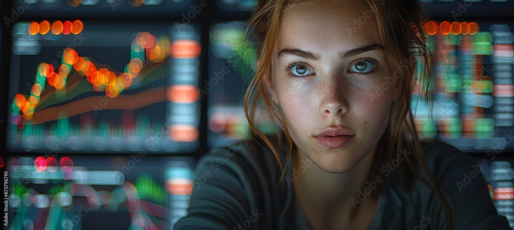 Obraz premium Young woman working at modern office.Technical price graph and indicator