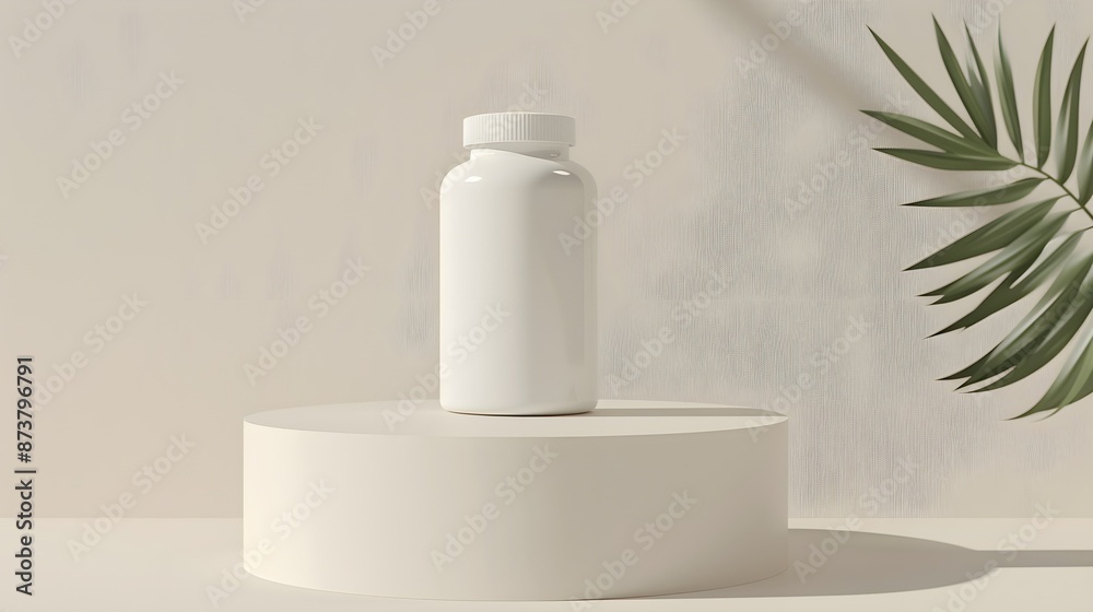 mockup of a plain white medicine bottle neatly placed on a podium on a neutral background mockup of a plain white medicine bottle neatly placed on a podium on a neutral background