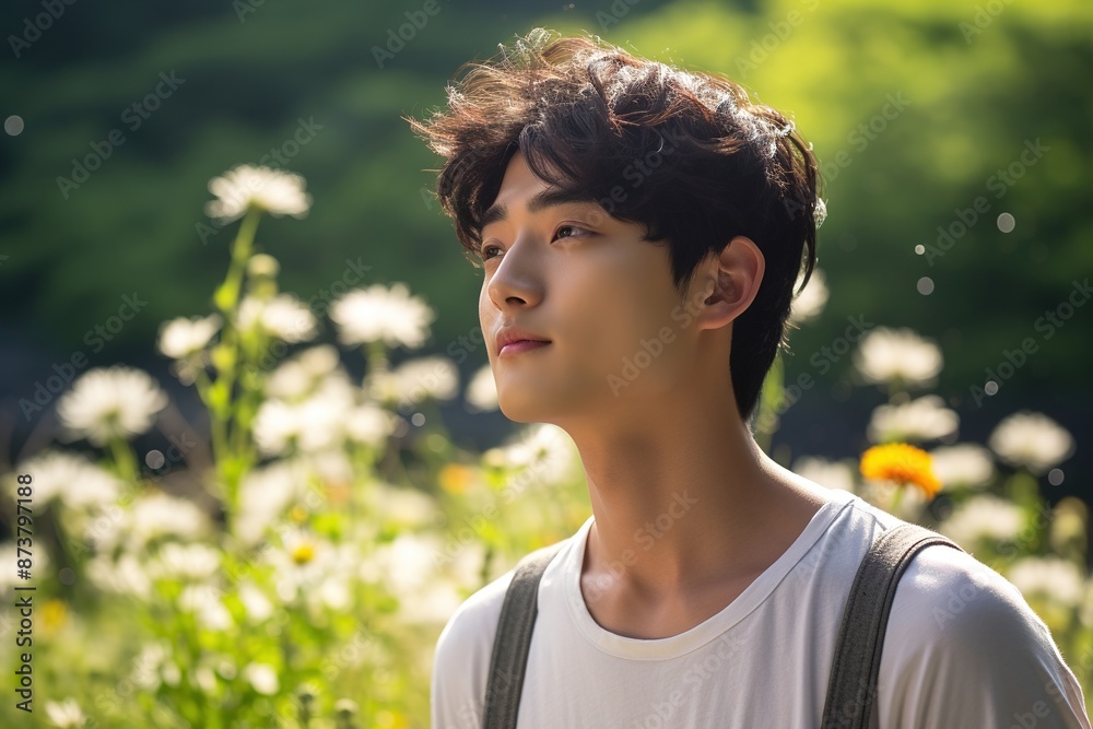 A man is sitting in a field of flowers, looking up at the sky A man is sitting in a field of flowers, looking up at the sky