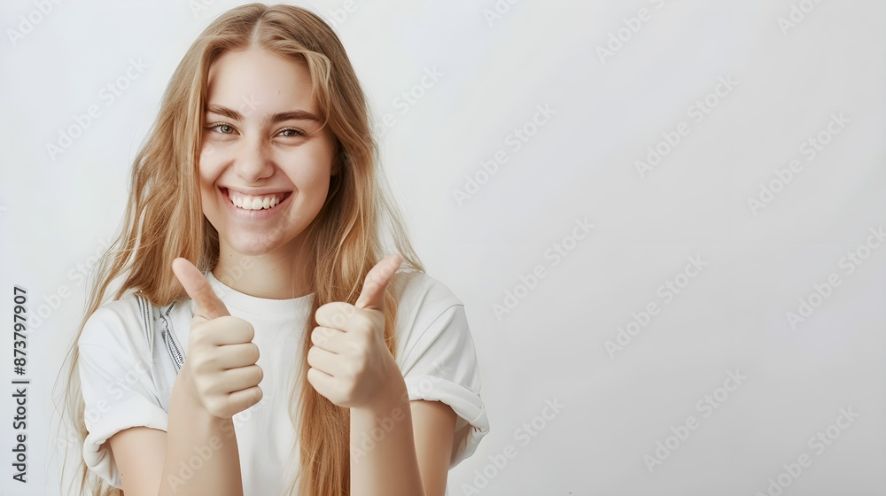 Portrait of fair-haired beautiful female student or customer with broad smile, looking at the camera with happy expression, showing thumbs-up with both hands, achieving study goals. Body language Portrait of fair-haired beautiful female student or customer with broad smile, looking at the camera with happy expression, showing thumbs-up with both hands, achieving study goals. Body language
