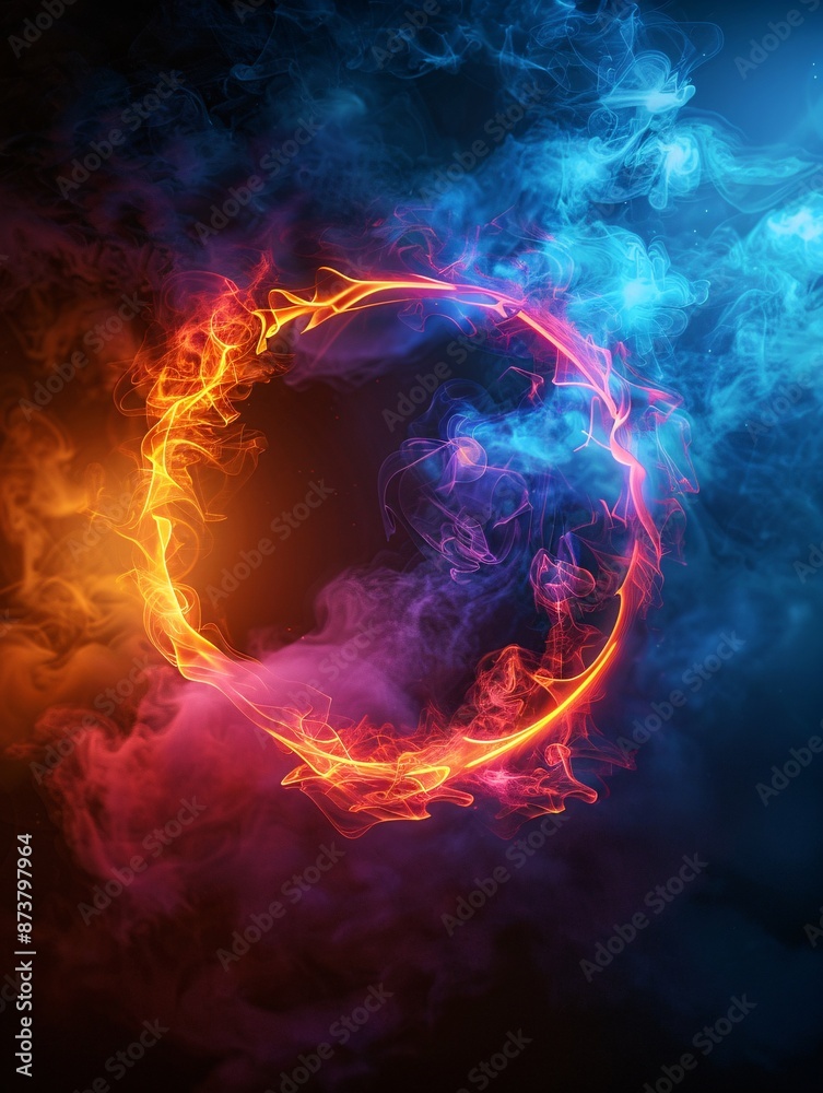 Vibrant mist flows in a luminous hoop on a shadowy backdrop showcasing contemporary art. 3D Illustration. Vibrant mist flows in a luminous hoop on a shadowy backdrop showcasing contemporary art. 3D Illustration.