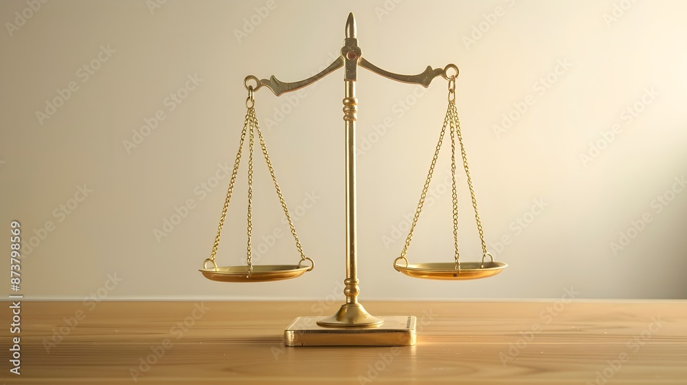 scales of justice on the table, shiny gold color, smooth wooden table surface scales of justice on the table, shiny gold color, smooth wooden table surface