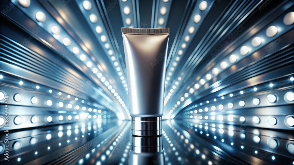 Obraz premium High-angle shot of a 3D rendered cosmetic tube rotating and moving in a futuristic, gleaming metallic backgrounds and abstract lights