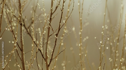 Close-up of wet willow tree branch, soft gray blur background, rain drops, elegant and tranquil composition.