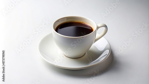 Stark, solitary black coffee fills a pristine white ceramic cup, standing alone on a bright, crisp, virginal white background.