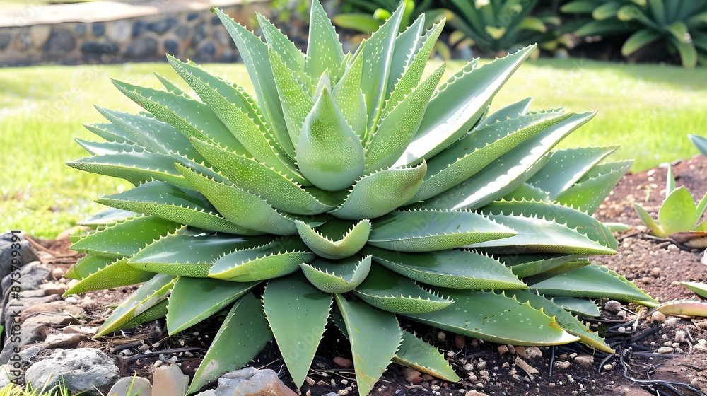 Fototapeta premium The aloe vera plant in the yard grows well, showing thick and green aloe vera leaves