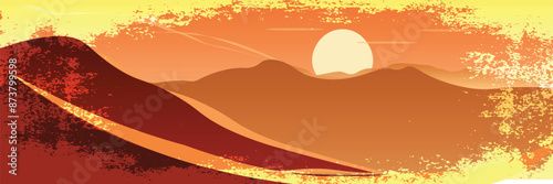 Vector abstract art landscape mountain with birds and sunrise sunset by golden line art texture isolated on dark grey black background. Minimal luxury style for wallpaper, wall art decoration.
