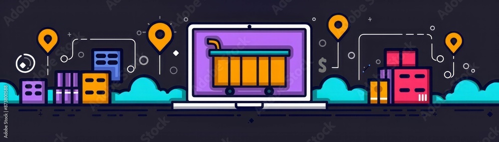 Online Shopping, Cityscape Background, Ecommerce Concept Online Shopping, Cityscape Background, Ecommerce Concept