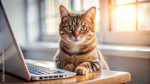 Adorable domesticated feline sits on desktop, paws on keyboard, curiously peeking at bright computer screen with blurred background.