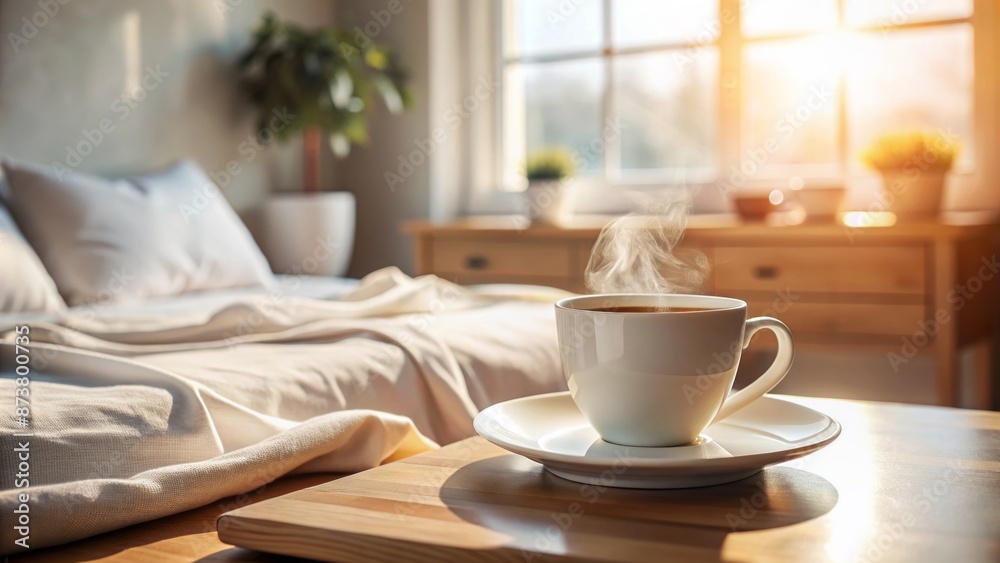Serenely lit morning scene featuring a solitary white cup of steaming hot coffee on a clutter-free bedroom table. Serenely lit morning scene featuring a solitary white cup of steaming hot coffee on a clutter-free bedroom table.