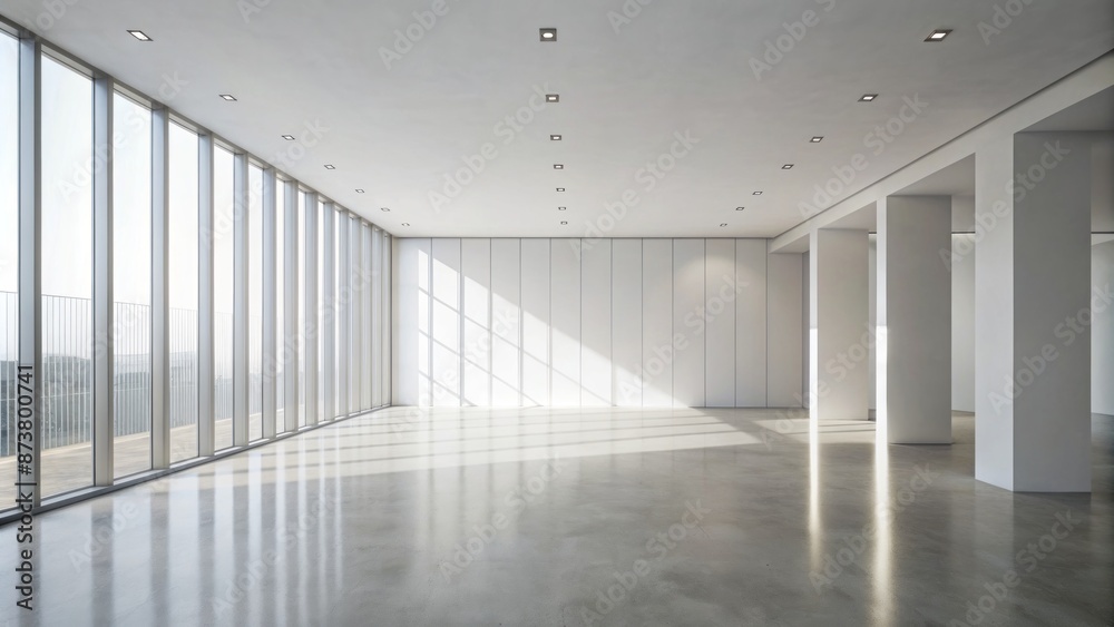 Minimally designed modern interior features a vast empty white wall dominating the room with sleek lines and soft shadows. Minimally designed modern interior features a vast empty white wall dominating the room with sleek lines and soft shadows.