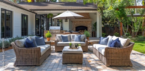 Outdoor Patio Furniture Set With Brick Patio and Green Foliage