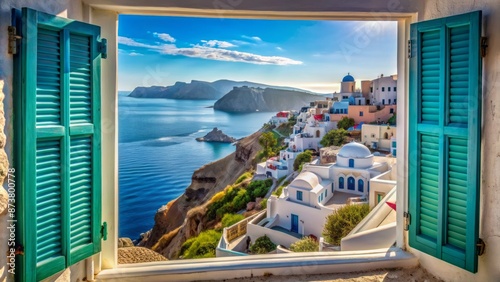 Serene hillside view through open window with blue shutters, overlooking caldera, sparkling sea, and picturesque white village of Oia, Santorini, Greece.