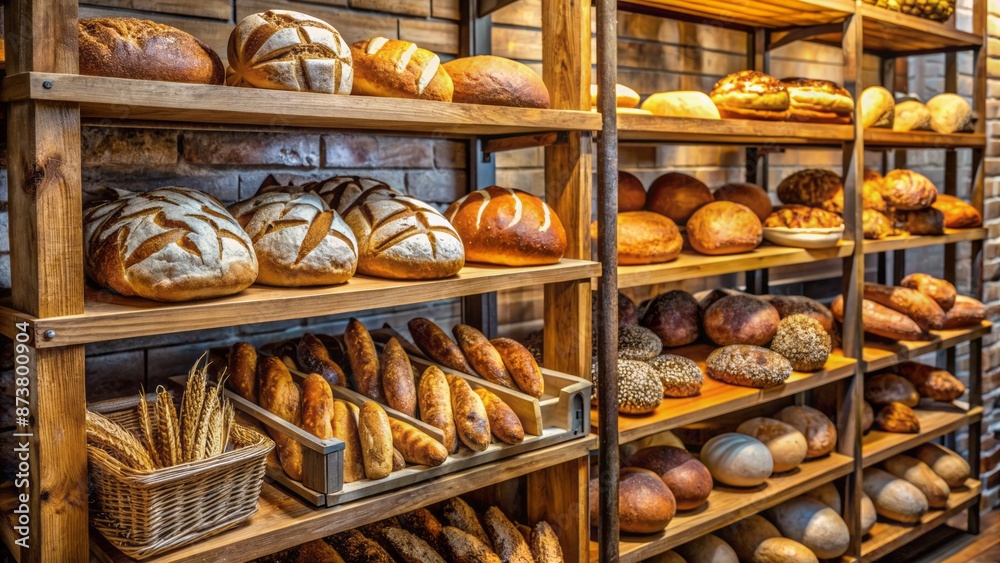 Freshly baked assortment of artisanal breads arranged attractively on wooden shelves in a cozy and rustic bakery display case. Freshly baked assortment of artisanal breads arranged attractively on wooden shelves in a cozy and rustic bakery display case.