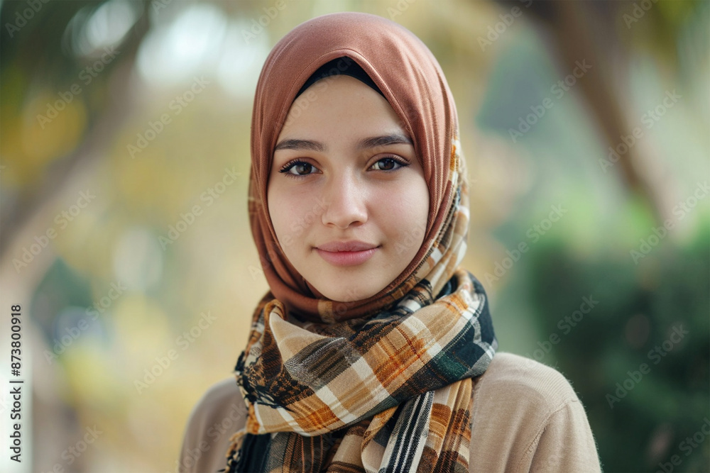 Portrait of charming young Muslim girl looking at camera, Young Islamic girl close up photograph isolated in copy space blurry background, sharp looking beautiful innocent Muslim lady wearing hijab Portrait of charming young Muslim girl looking at camera, Young Islamic girl close up photograph isolated in copy space blurry background, sharp looking beautiful innocent Muslim lady wearing hijab