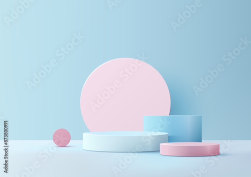3D Pink and Blue Podium with Circles Backdrop, Modern Product Display and Mockup