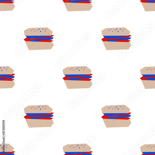 Seamless pattern with fast food hamburger shape in cutout style on white background