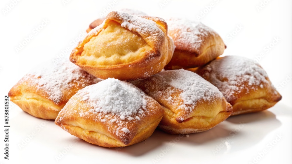 Golden fried dough pastry sticks sprinkled with sweet sugar, isolated on a crisp white background, perfect for culinary designs. Golden fried dough pastry sticks sprinkled with sweet sugar, isolated on a crisp white background, perfect for culinary designs.