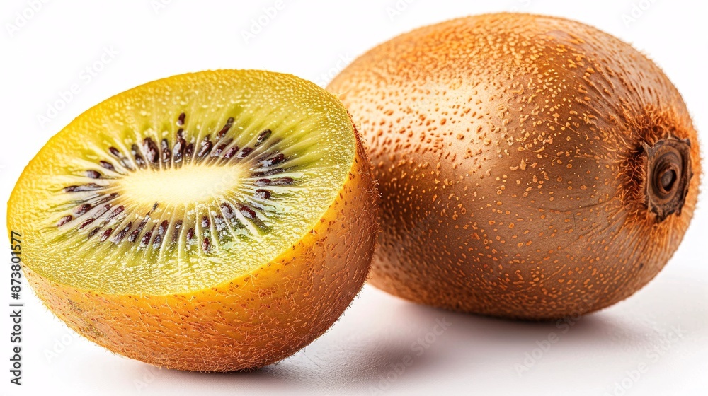 Fototapeta premium Two mature golden kiwis on a white backdrop.