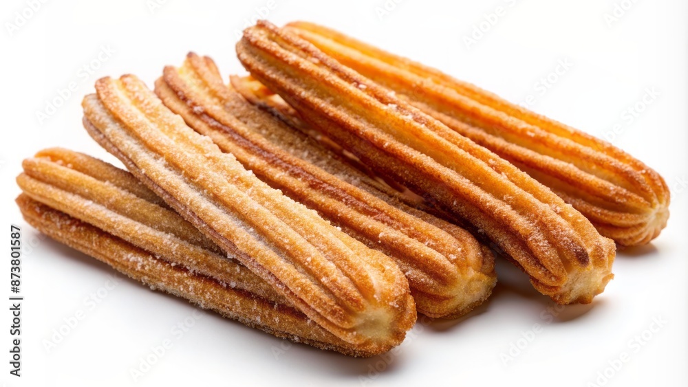 Delightful arrangement of crispy, sugary, golden brown churros, carefully placed in a straight line on a pristine white background.