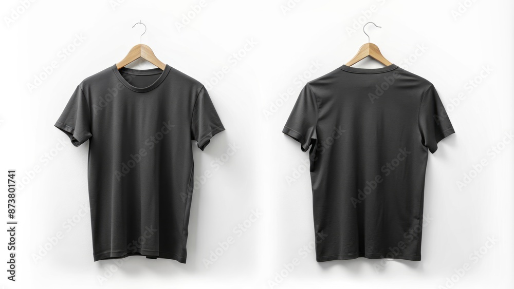 Empty black t-shirt on a hanger against a white background, showcasing front and back views of the plain garment. Empty black t-shirt on a hanger against a white background, showcasing front and back views of the plain garment.