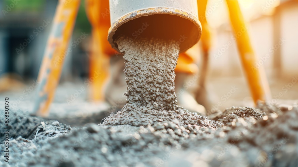 Close-up of a cement mixer pouring fresh concrete, showcasing the texture and consistency of the mix, construction tools nearby, industrial setting