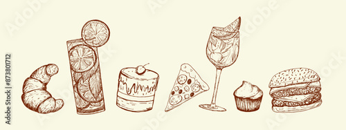 Horizontal design of fast food drawings. Vector doodle image of drinks, cupcake, croissant, burger and slice of pizza. Unhealthy snack, not healthy lifestyle. Delicious food drawn by hand.