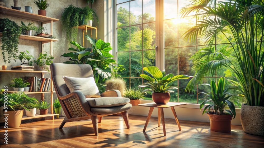 Fototapeta premium Cozy room with ample sunlight pouring in through window surrounded by lush green indoor plants and empty chair with open book.