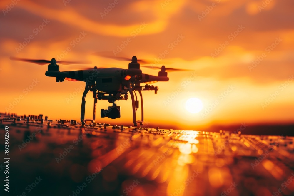 Silhouette of a drone against a techno circuit sky, Changing lifestyles with the help of drone technology, AI generated Silhouette of a drone against a techno circuit sky, Changing lifestyles with the help of drone technology, AI generated