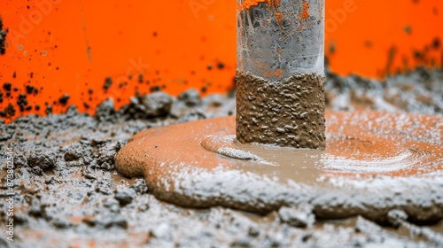Close-up of wet concrete being poured, showing the moist and damp mixture of cement and aggregate, freshly laid and smooth, glistening in the light