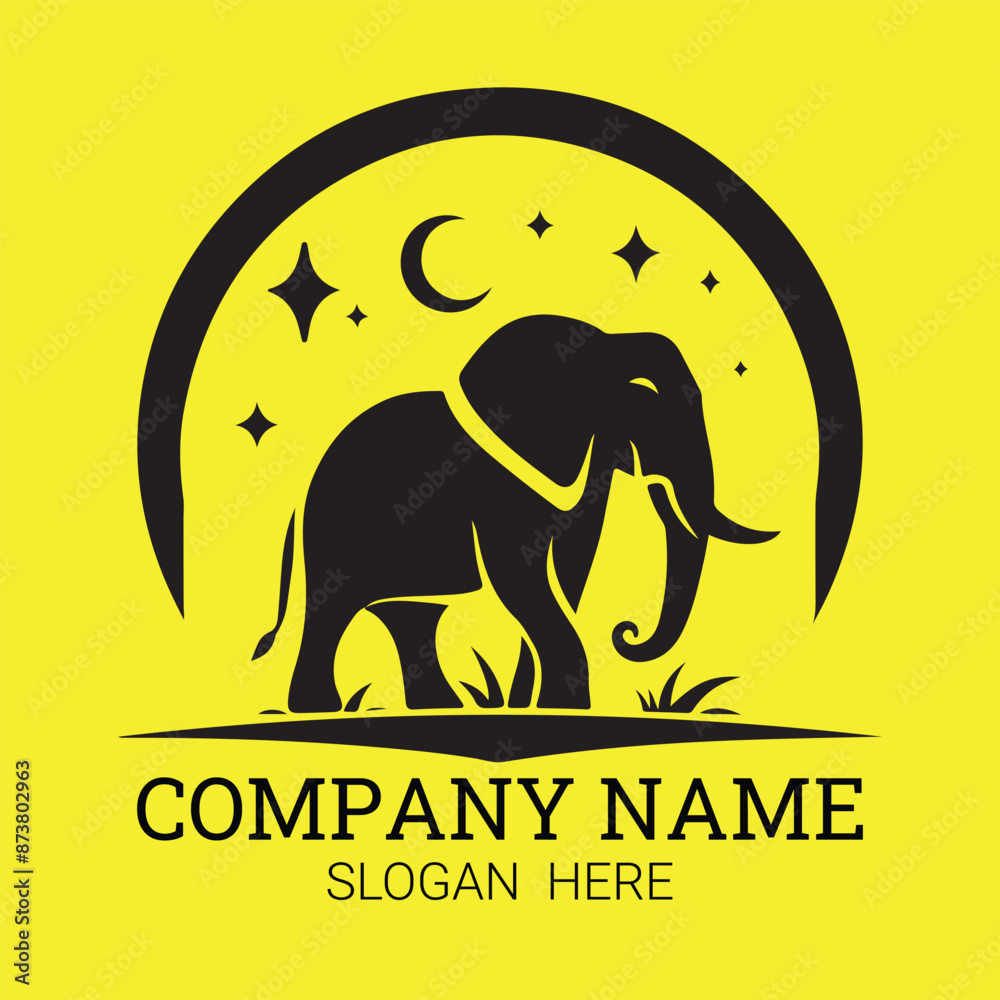 Fototapeta premium black elephant logo with crescent moon and stars on yellow background