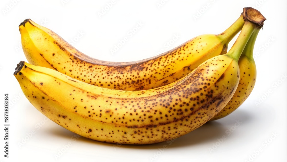 Vibrant yellow bananas with slight green tips and imperfections, Standing upright and spaced apart, against a transparent isolated white background. Vibrant yellow bananas with slight green tips and imperfections, Standing upright and spaced apart, against a transparent isolated white background.