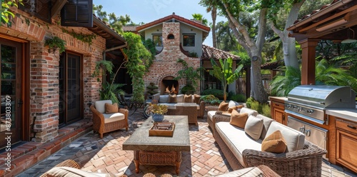 Brick Outdoor Kitchen and Patio Seating Area With Wicker Furniture